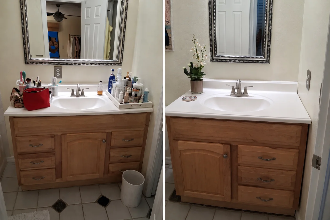 Natural wood bathroom vanity before cabinet refinishing in Naples Florida