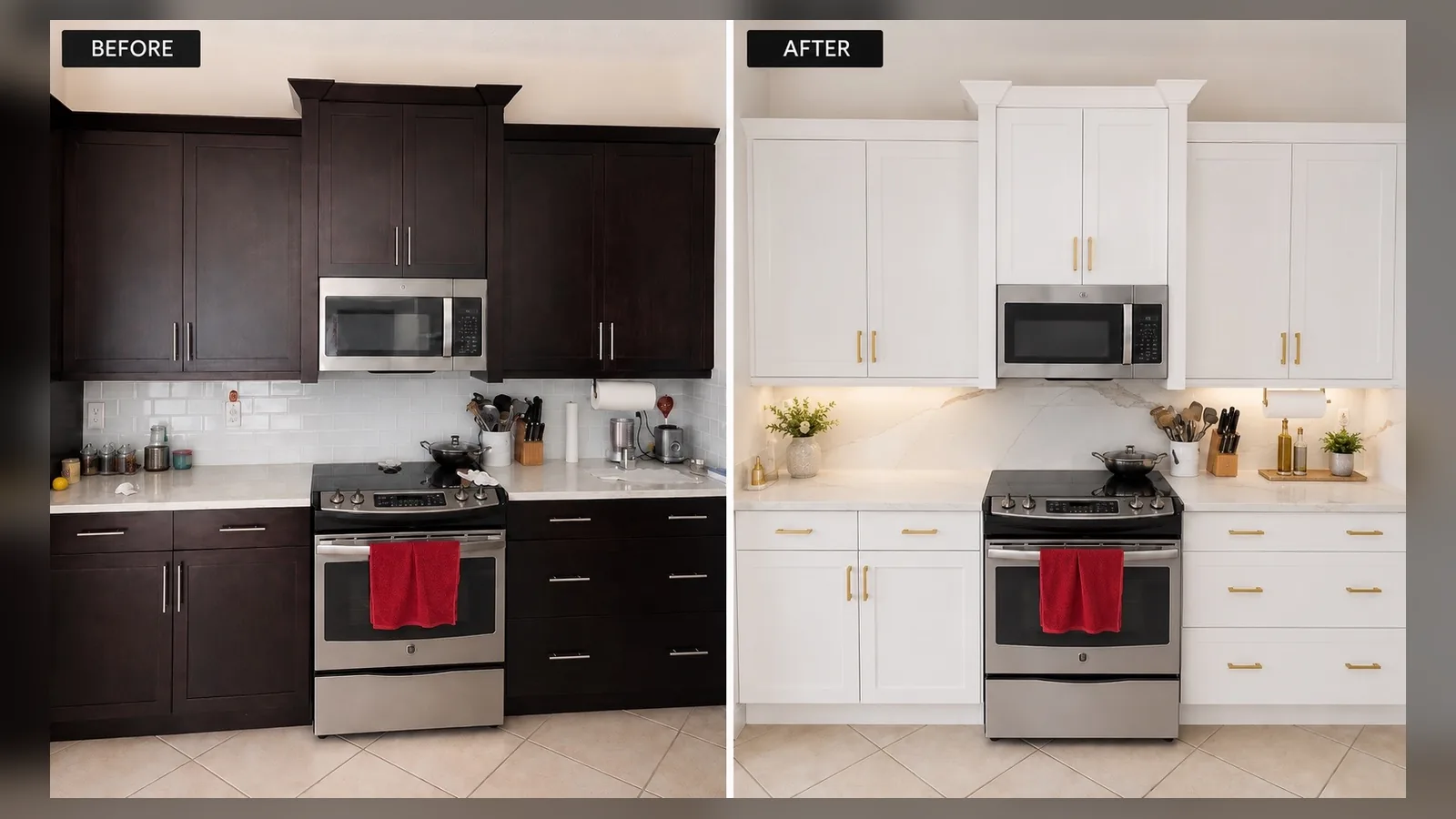 Modern white kitchen cabinet refinishing project in Riverstone Naples