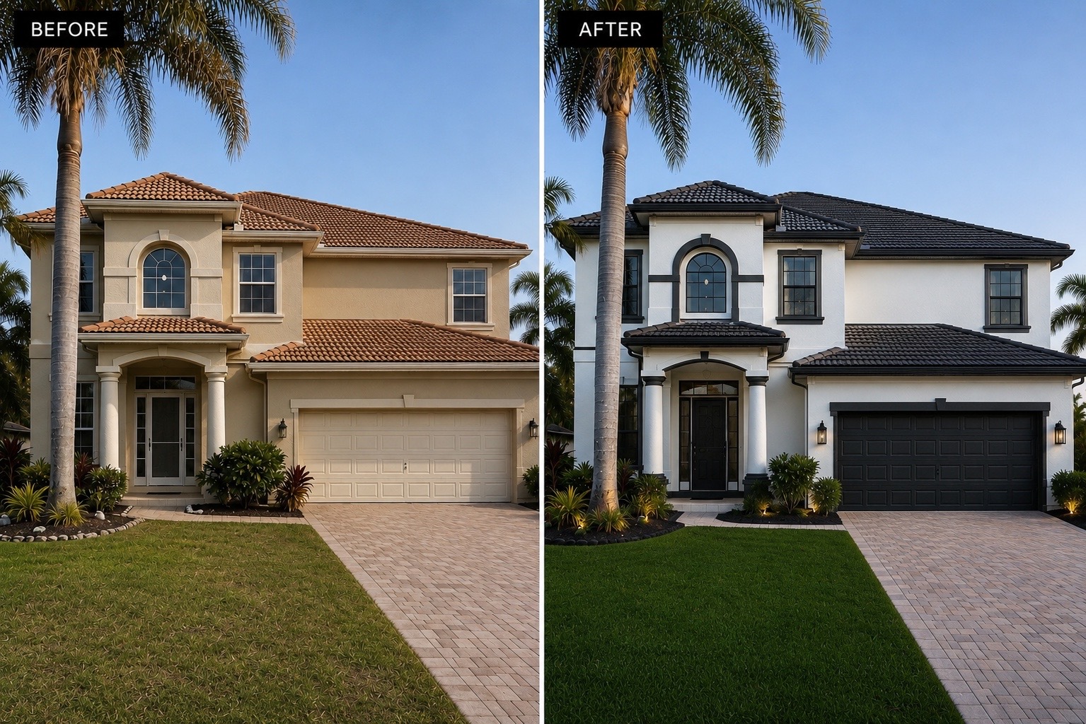 Exterior before and after - white and black repaint