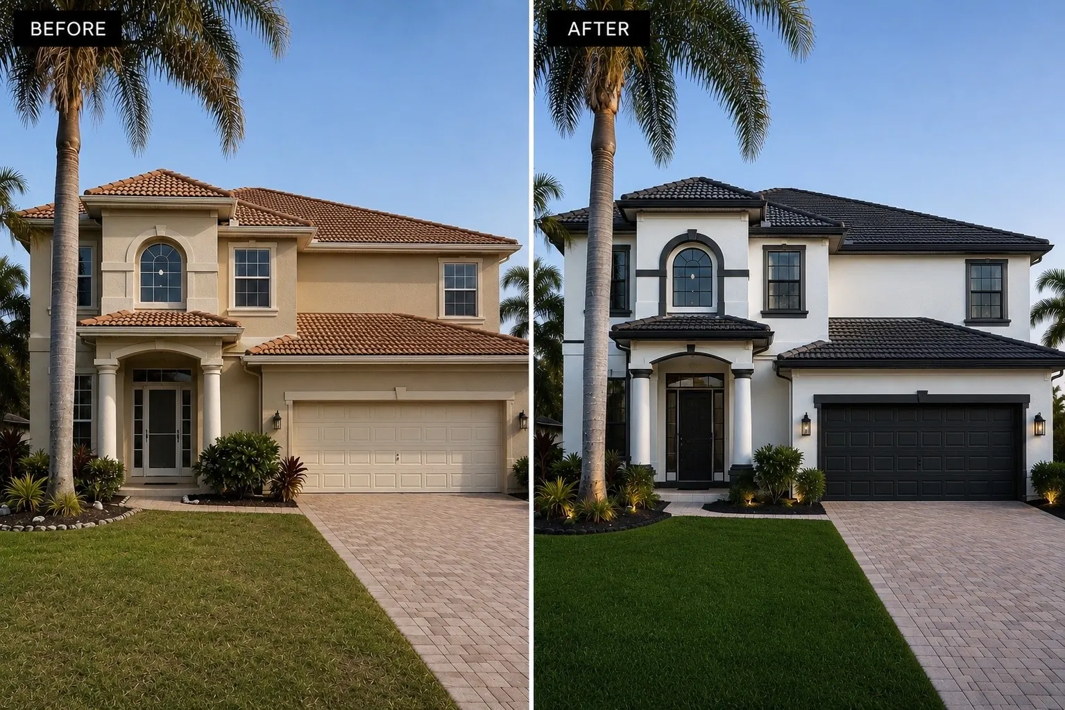 Exterior before and after - white and black repaint