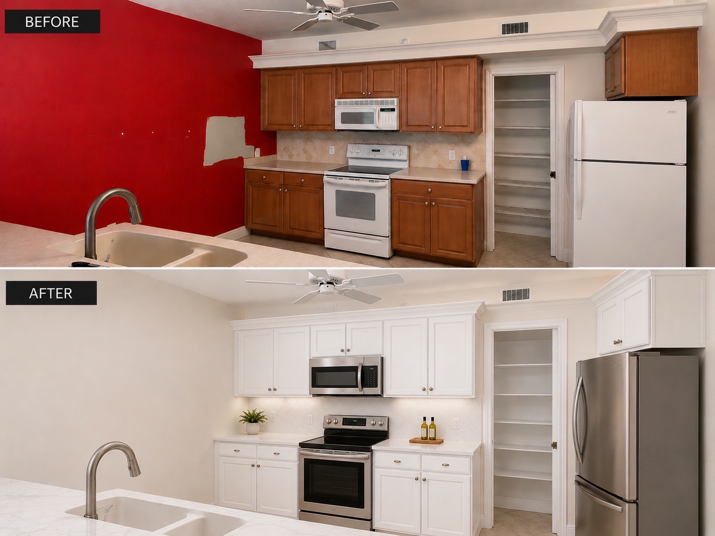 Kitchen before and after - cabinet and wall refresh